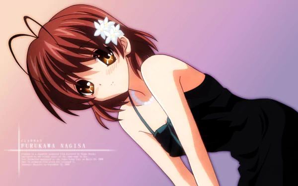 Nagisa Furukawa from Clannad in a black dress with a white hairpin, leaning forward against a soft purple gradient background — HD PC desktop wallpaper.