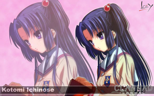 HD wallpaper featuring Kotomi Ichinose from the anime Clannad, showcasing her in a thoughtful pose against a soft pink background.