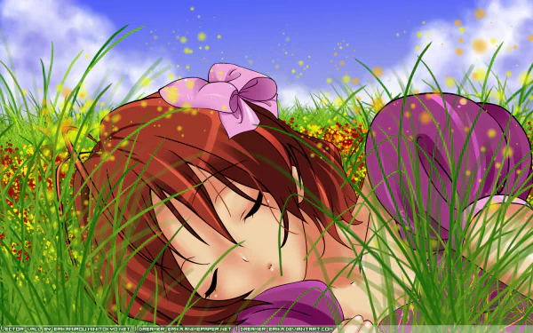 HD PC desktop wallpaper: anime-style Clannad girl from the Illusionary World sleeping in a sunlit meadow, pink bow in her hair, surrounded by tall grass and golden sparkles.
