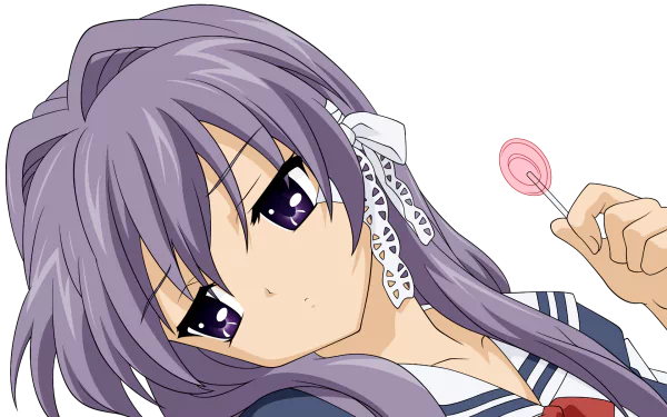 HD anime desktop wallpaper featuring Kyou Fujibayashi from Clannad with her signature purple hair and school uniform, holding a pink lollipop.