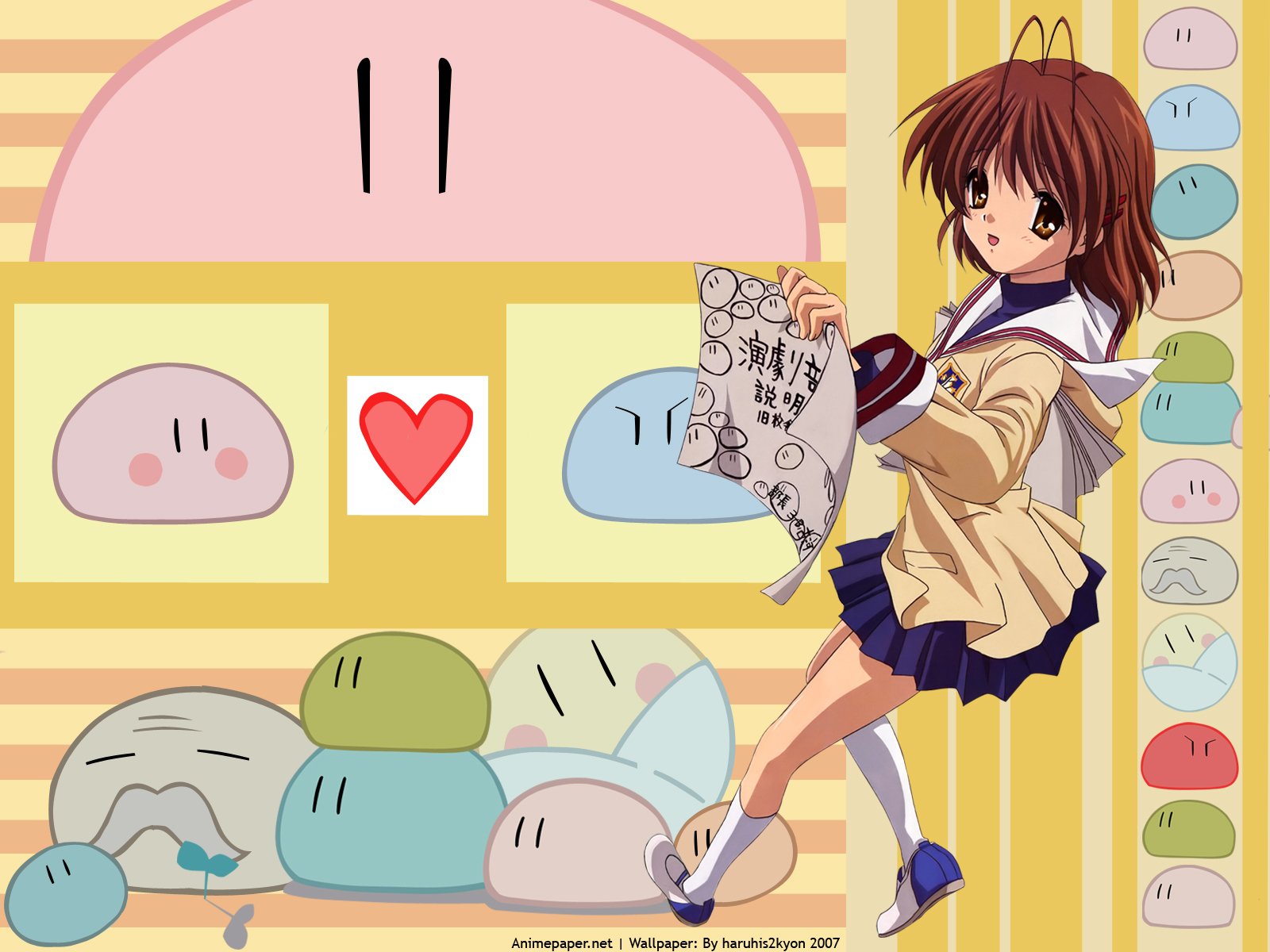 Clannad anime HD PC desktop wallpaper: schoolgirl in a sailor uniform holding a manga, surrounded by pastel round plush faces and heart icons on a striped yellow background.