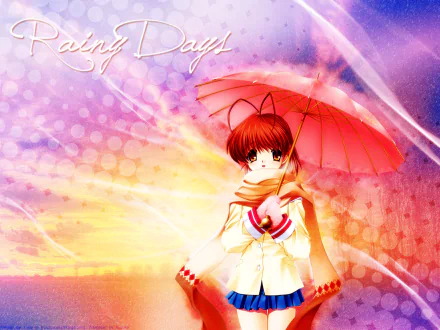 HD anime desktop wallpaper featuring Nagisa Furukawa from Clannad holding a red umbrella against a vibrant, colorful rainy sky background.