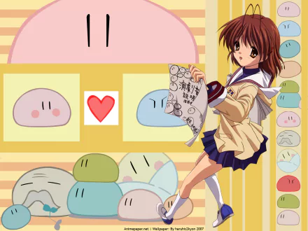 Clannad anime HD PC desktop wallpaper: schoolgirl in a sailor uniform holding a manga, surrounded by pastel round plush faces and heart icons on a striped yellow background.
