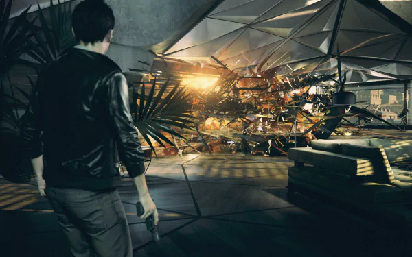 A dramatic scene from Quantum Break, featuring a character standing in a futuristic room with chaotic debris and glowing light, set against a striking HD wallpaper background.