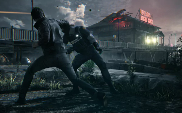 HD PC desktop wallpaper from the video game Quantum Break, depicting a dynamic nighttime scene with two characters engaged in combat near a building under dramatic lighting.