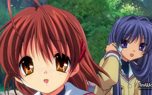 HD PC desktop wallpaper of Clannad anime showing Nagisa Furukawa smiling close-up with Ryou Fujibayashi behind her against a sunlit green forest background.