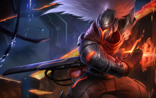 HD wallpaper featuring Yasuo from League of Legends, wielding a sword in the fiery, dynamic backdrop of Ionia.