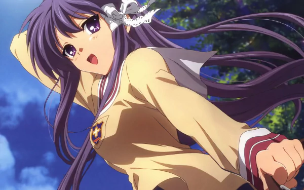 HD PC desktop wallpaper featuring Kyou Fujibayashi from the anime Clannad, showcasing her dynamic pose and detailed school uniform against a vibrant sky background.