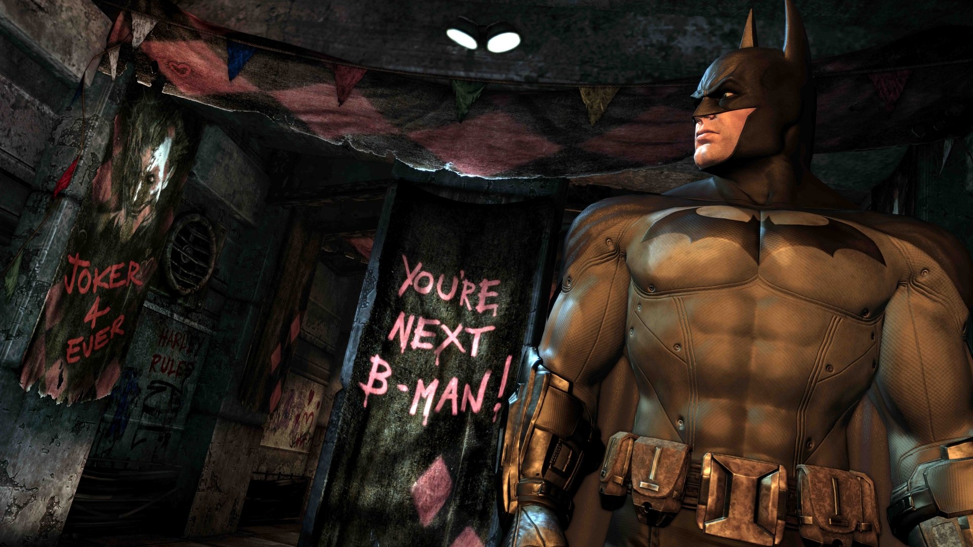 Batman stands alert in a dark, graffiti-covered room from the video game Batman: Arkham Asylum, rendered in stunning 8K Ultra HD for PC desktop wallpaper.