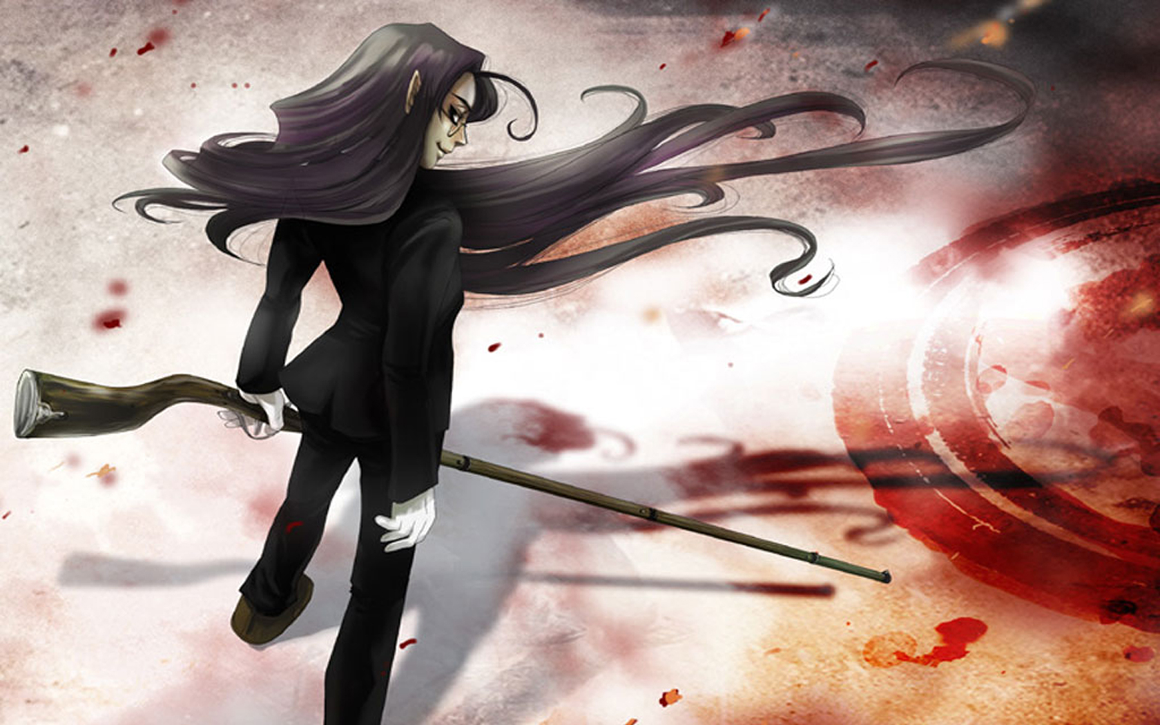 HD PC desktop wallpaper featuring an anime character from Hellsing, holding a long firearm with flowing dark hair against a dynamic, blood-splattered background.