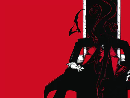 HD PC desktop wallpaper featuring a dark, stylized anime character from Hellsing seated on a throne against a bold red background.