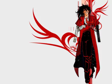 Alucard from Hellsing stands confidently in a striking red coat, wielding firearms, with dynamic red wings in the background. This HD anime wallpaper enhances any desktop setting.