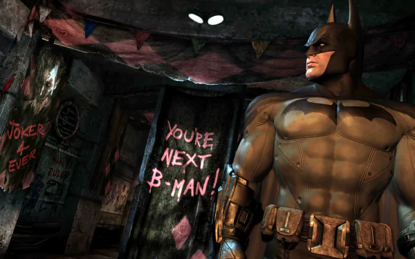 Batman stands alert in a dark, graffiti-covered room from the video game Batman: Arkham Asylum, rendered in stunning 8K Ultra HD for PC desktop wallpaper.