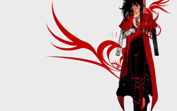 Alucard from Hellsing stands confidently in a striking red coat, wielding firearms, with dynamic red wings in the background. This HD anime wallpaper enhances any desktop setting.