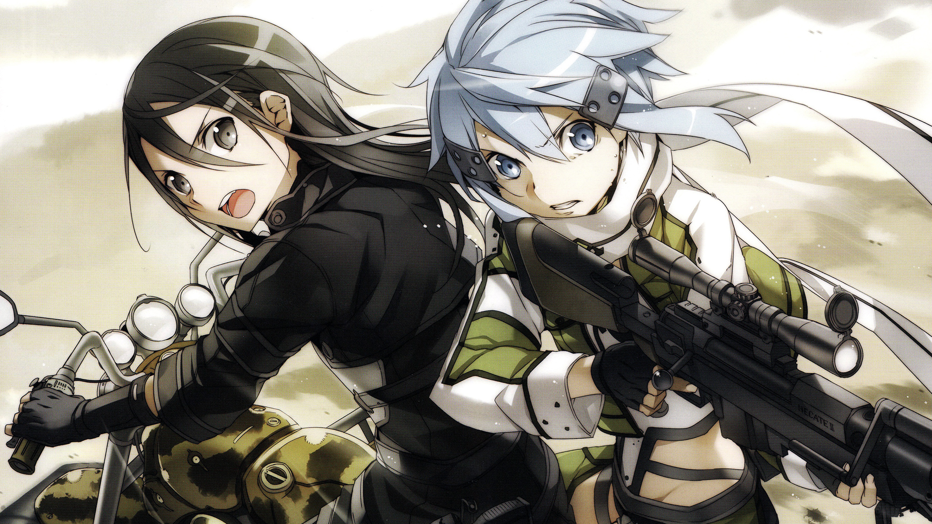 HD wallpaper featuring Kirito and Sinon from Sword Art Online II, ready for action with weapons drawn.