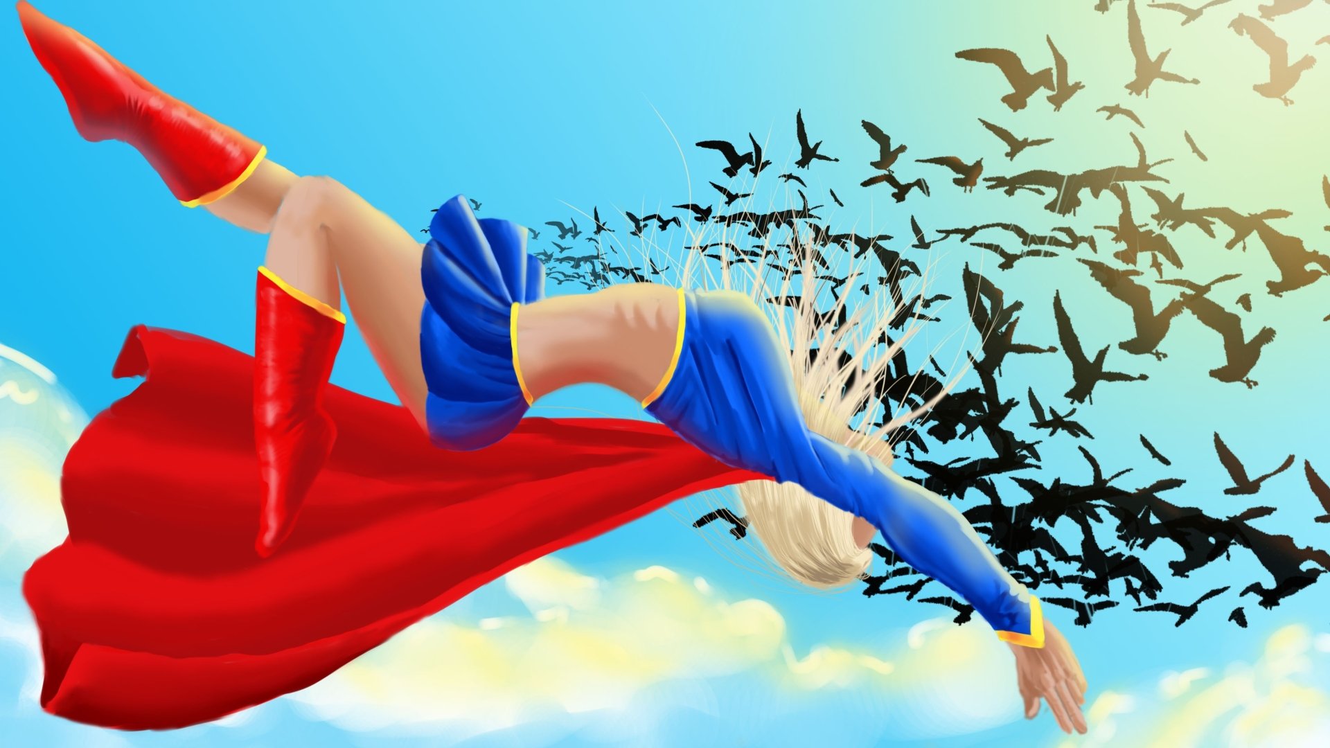 Comic-style Supergirl flying over clouds with a red cape and blue costume, silhouetted flock across the sky — 2K Quad HD PC desktop wallpaper/background
