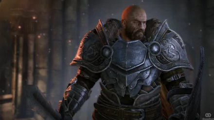 HD PC desktop wallpaper of a warrior clad in detailed armor from the video game Lords Of The Fallen, set against a dark, atmospheric background.