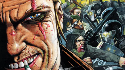 Comic Hellblazer HD PC desktop wallpaper/background: close-up of Constantine's scarred, sneering face with cigarette; riot police and a snarling, chaotic crowd fill the background.