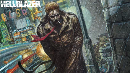 HD PC desktop wallpaper featuring comic art of Hellblazer’s John Constantine in a rain-soaked urban setting, showcasing dark, gritty atmosphere and detailed illustration.