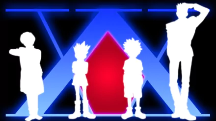 HD desktop wallpaper featuring silhouettes of Leorio Paradinight, Kurapika, Killua Zoldyck, and Gon Freecss from the anime Hunter × Hunter against a red and black background with blue highlights.