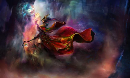HD PC desktop wallpaper featuring the Wizard character from Diablo III casting a spell, immersed in vibrant magical energy and dark, mystical surroundings.