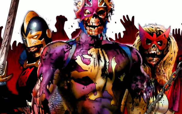 HD PC desktop wallpaper featuring a vivid Marvel Zombies comic scene with zombified superheroes in detailed, graphic style against a white background.