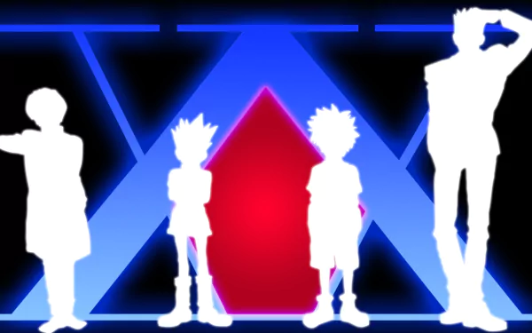 HD desktop wallpaper featuring silhouettes of Leorio Paradinight, Kurapika, Killua Zoldyck, and Gon Freecss from the anime Hunter × Hunter against a red and black background with blue highlights.