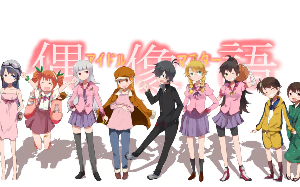 Mami Futami Ami Futami Hibiki Ganaha Miki Hoshii Makoto Kikuchi Iori Minase Takane Shijou Yayoi Takatsuki Chihaya Kisaragi Bakemonogatari Monogatari (Series) The iDOLM@STER Anime crossover HD Desktop Wallpaper | Background Image