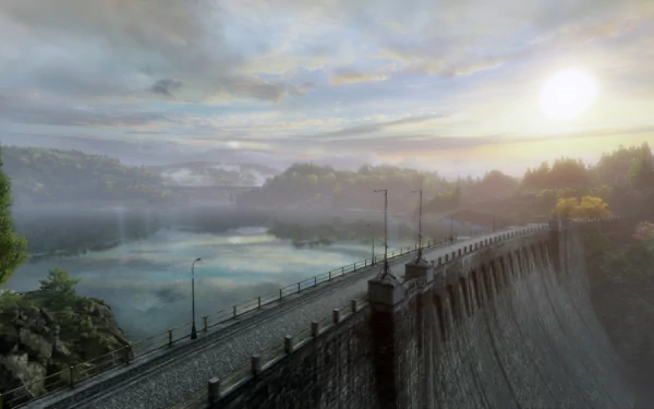 Misty sunrise over a lake and long dam road, atmospheric landscape from the video game The Vanishing of Ethan Carter — HD PC desktop wallpaper and background.