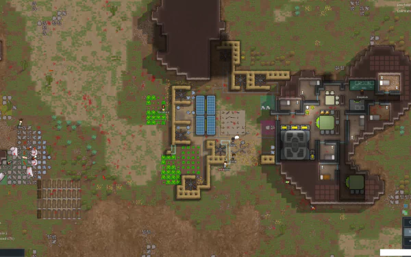 HD desktop wallpaper featuring a RimWorld colony layout with structures, crops, and storage areas.