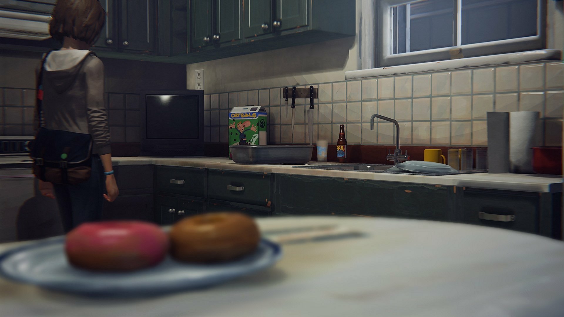 HD PC desktop wallpaper featuring Max Caulfield from the video game Life Is Strange in a dimly lit kitchen with a focus on a table holding two donuts.