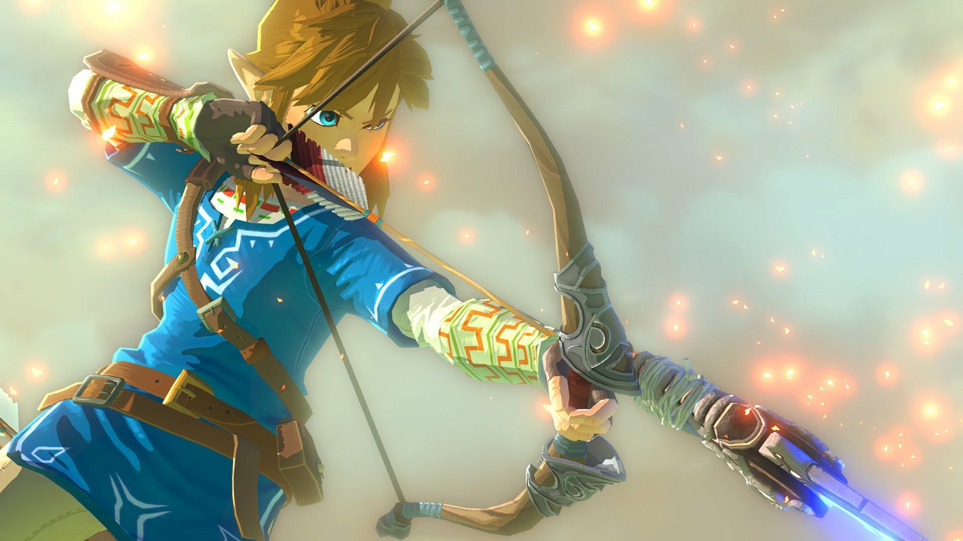 A dynamic HD desktop wallpaper from The Legend of Zelda: Breath of the Wild, featuring Link aiming an arrow with a bow, surrounded by glowing sparks and a mystical background.