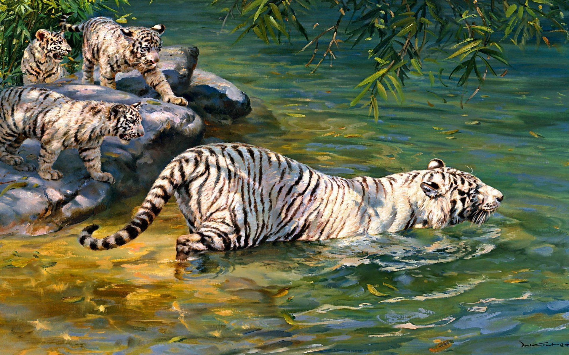 Artistic painting of white tigers by a river in a vibrant, detailed natural setting, designed as an HD PC desktop wallpaper and background.