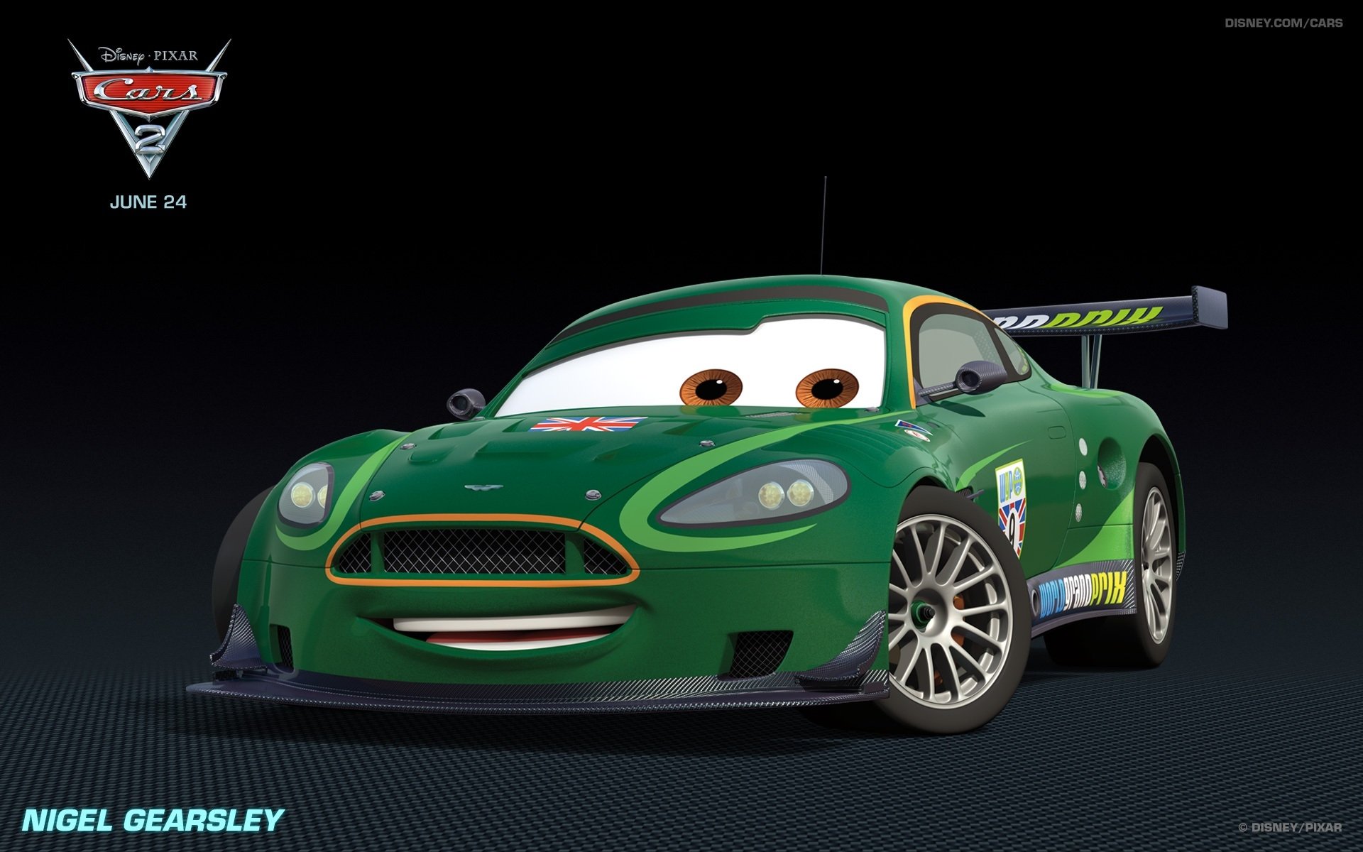 HD PC desktop wallpaper featuring Nigel Gearsley, a green race car character from the movie Cars 2, set against a dark background with the Cars 2 logo.