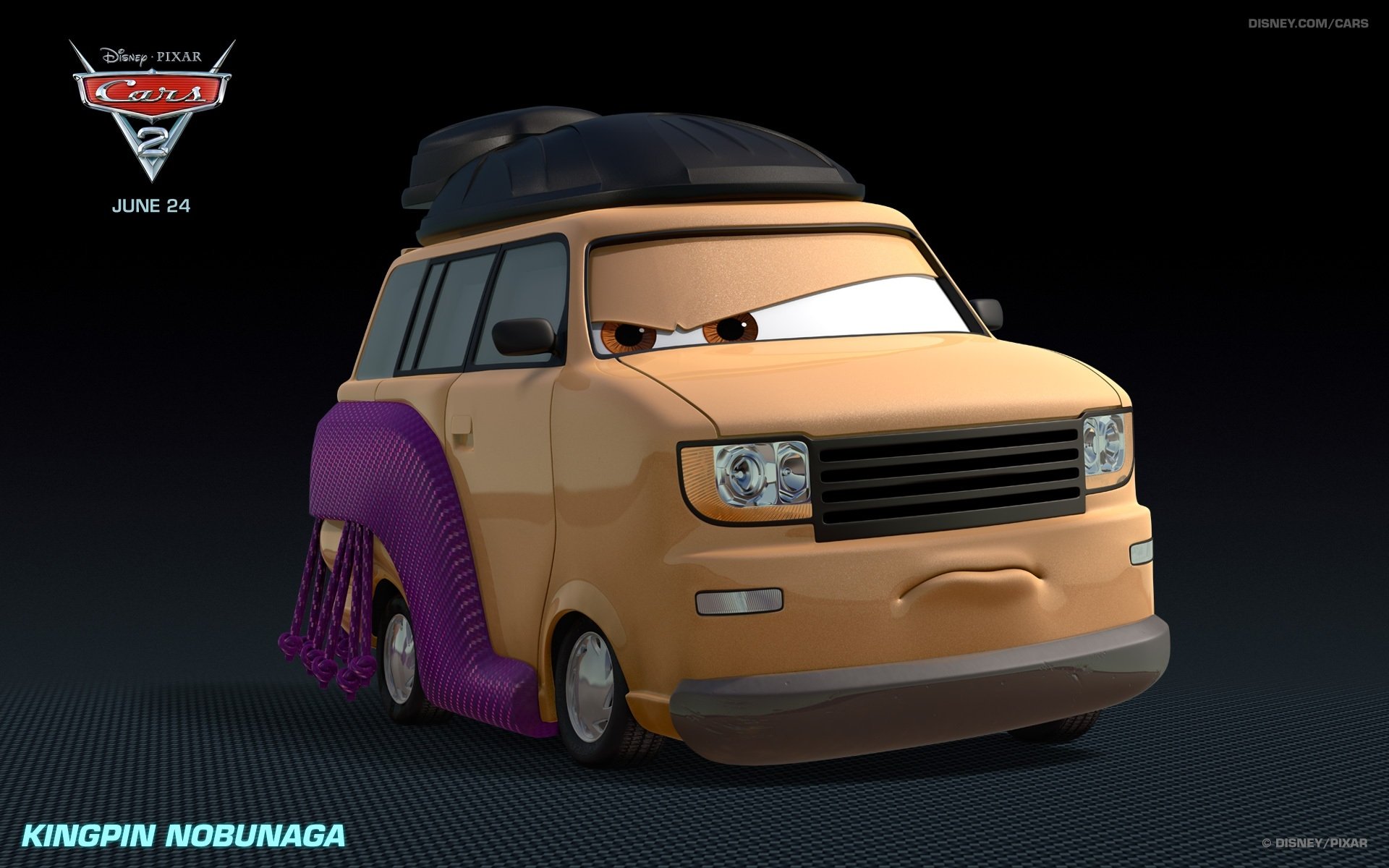 A character from Disney's Cars 2, Kingpin Nobunaga, depicted in an HD wallpaper format. The vehicle showcases a unique design with a purple accent and an expressive face.