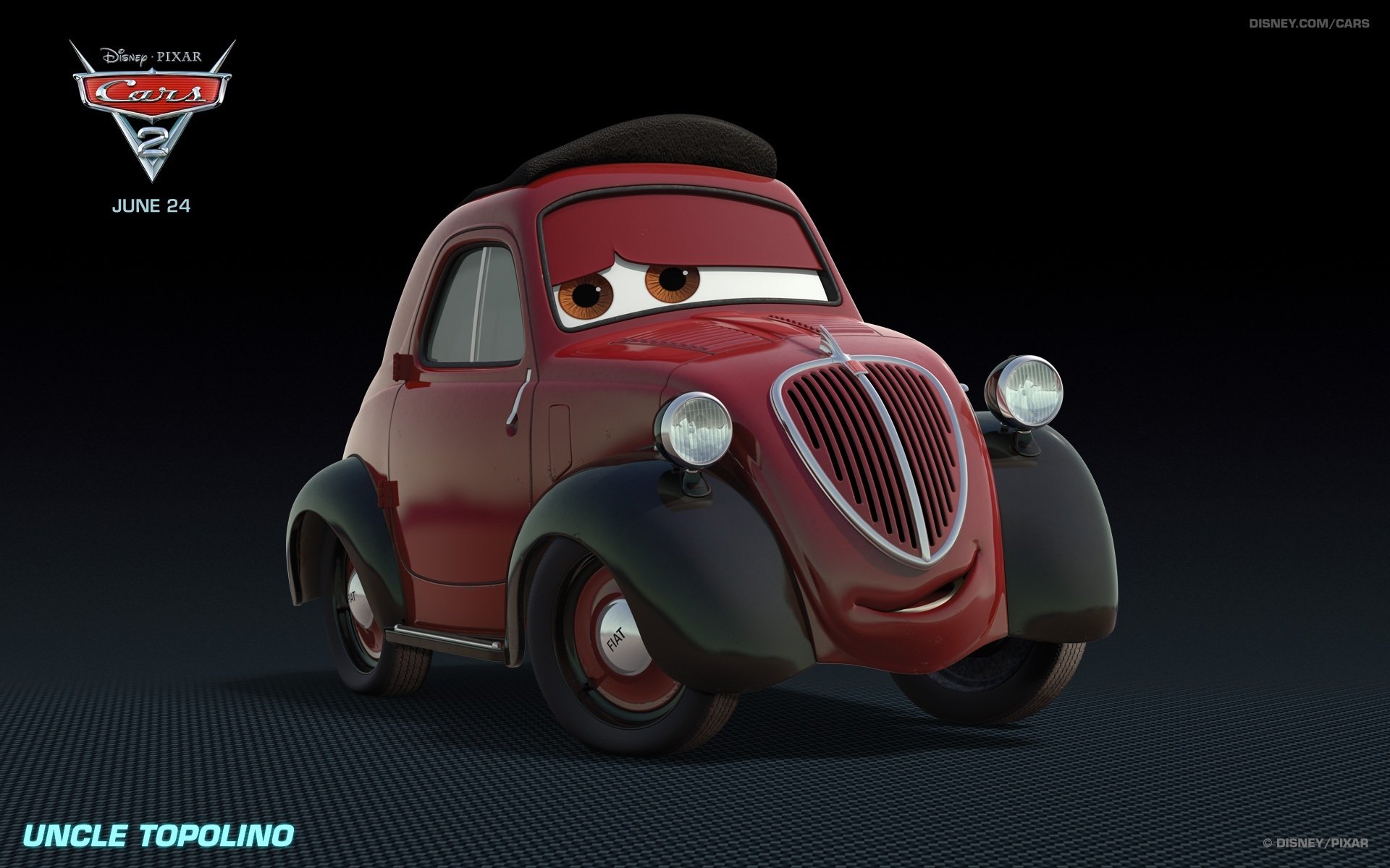 A charming red Fiat character, Uncle Topolino, from Pixar's Disney movie Cars 2, set against a sleek black background, showcased as HD desktop wallpaper.