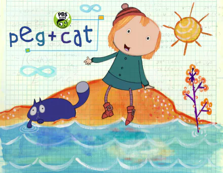 HD desktop wallpaper featuring characters Peg and Cat from the animated series Peg + Cat with playful beach-themed background.