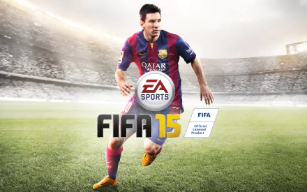 HD wallpaper featuring Lionel Messi in action, prominently showcasing FIFA 15 branding and an EA Sports logo, set against a dynamic football stadium backdrop.