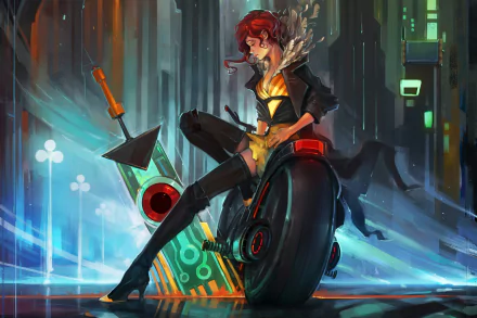 A striking HD wallpaper from the video game Transistor, featuring a stylish character poised on a futuristic wheel, surrounded by a vibrant, neon-lit cityscape.