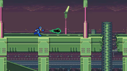 HD desktop wallpaper featuring Mega Man on a futuristic platform with a cityscape in the background.