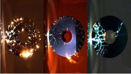 HD desktop wallpaper showing a triptych of vinyl records with different electrifying light effects against dark backgrounds.