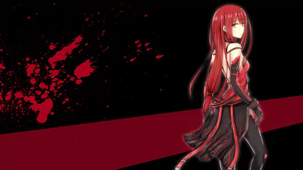 HD artwork featuring Elesis, the crimson knight from the video game Elsword, showcasing her striking red hair against a dark, splattered background.