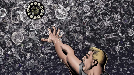 Comic Dial H HD PC desktop wallpaper: blond man reaches toward a floating rotary phone dial amid swirling white circular glyphs and bubbles.