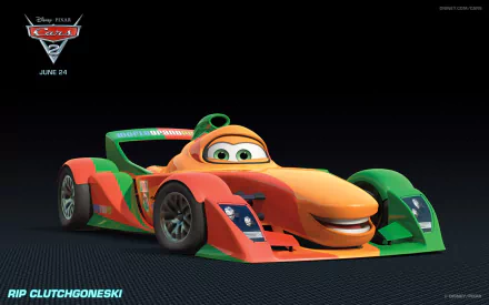 HD PC desktop wallpaper: Cars 2 racer Rip Clutchgoneski — an orange and green prototype race car smiling on a dark gradient background with the film logo.