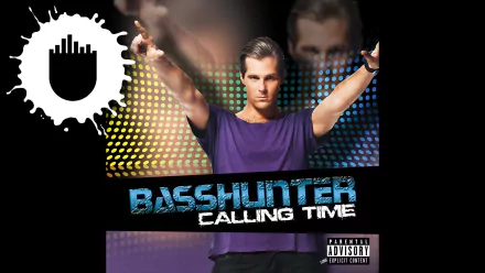 HD desktop wallpaper featuring Basshunter with arms raised, from the album 'Calling Time', against a colorful backdrop.