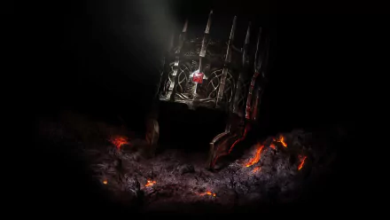A dark, atmospheric HD wallpaper featuring an ominous throne surrounded by glowing embers, inspired by the aesthetic of Dark Souls II.