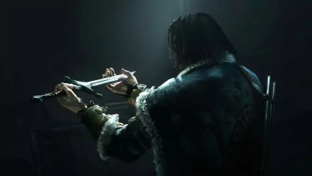 HD PC desktop wallpaper from Middle-earth: Shadow of Mordor: a cloaked, long-haired ranger seen from behind under a shaft of light, gripping a narrow instrument with a sword on his back.