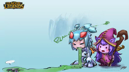 HD League of Legends desktop wallpaper featuring characters Kog'Maw and Lulu in a playful cartoon style.