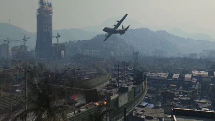 HD PC desktop wallpaper from the video game Dying Light showing a ruined cityscape, a low-flying plane, a damaged skyscraper and hazy mountains in the background.