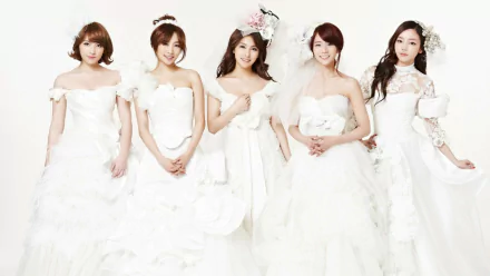 HD desktop wallpaper featuring the Korean K-Pop group KARA dressed in elegant white gowns, highlighting their music and style.